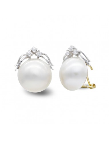 18K PENDIENTES ORO BICOLOR PERLA JAPONESA 14-16 MM Y CIRCONITA CIERRE OMEGA
