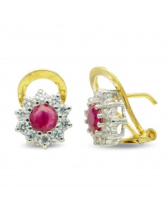 18K PENDIENTES ORO BICOLOR RUBI 5 MM CIRCONITA CIERRE OMEGA