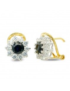 18K PENDIENTES ORO BICOLOR ZAFIRO 5 MM CIRCONITA CIERRE OMEGA