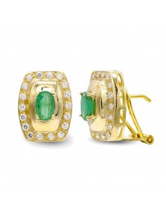 18K PENDIENTES ORO AMARILLO ESMERALDA 6X4 MM CIRCONITA CIERRE OMEGA