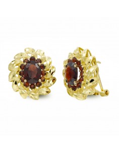 18K PENDIENTES ORO AMARILLO Y PIEDRA OVAL CON CIRCONITA Y HOJAS CIERRE OMEGA