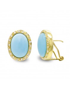 18K PENDIENTES ORO AMARILLO TURQUESA FINA 14X10 MM CIRCONITA CIERRE OMEGA