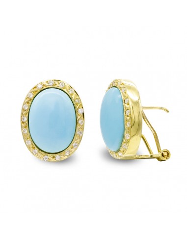 18K PENDIENTES ORO AMARILLO TURQUESA FINA 14X10 MM CIRCONITA CIERRE OMEGA