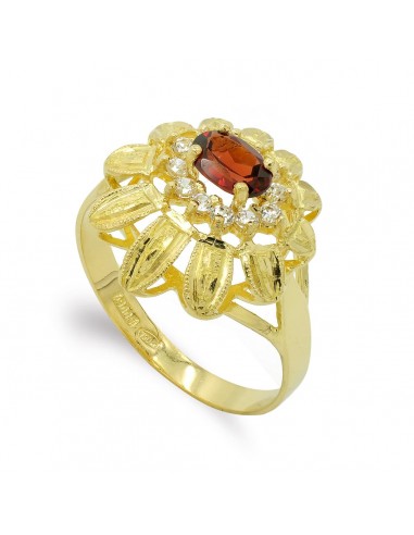 18K SORTIJA ORO AMARILLO GRANATE 6X4 MM Y CIRCONITAS. MEDIDA: 15 5 X 15 MM