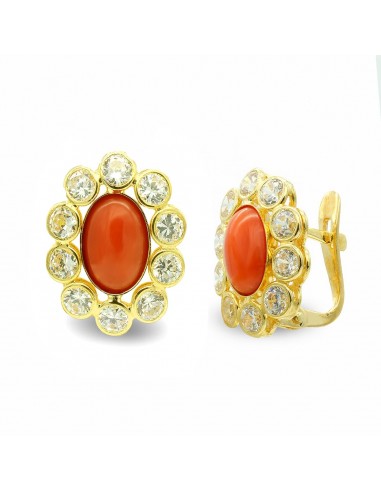 18K PENDIENTES ORO AMARILLO CORAL OVAL Y CIRCONITA CIERRE CATALAN