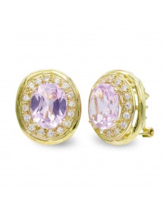 18K PENDIENTES ORO AMARILLO PIEDRA ROSA 10X8 MM Y CIRCONITA CIERRE OMEGA
