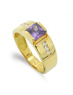 18K SORTIJA ORO AMARILLO MACIZA CIRCONITA AMATISTA CUADRADA 5 X 5 MM. ANCHO: 7 MM