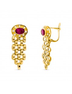 18K PENDIENTES ORO AMARILLO PANTER Y PIEDRA RUBI 6X4 MM CIERRE CATALAN