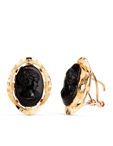 18K PENDIENTES ORO AMARILLO CAMAFEO NEGRO CERCO TALLADO. MEDIDA: 19X15 MM. CIERRE OMEGA