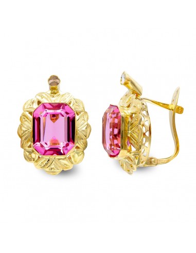 18K PENDIENTES ORO AMARILLO PIEDRA ROSA 10X8 MM CIRCONITA CIERRE CATALAN