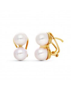 18K PENDIENTES ORO AMARILLO TU Y YO PERLA CULTIVADA CIERRE OMEGA