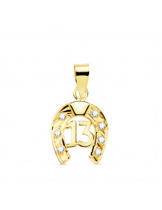 18K COLGANTE AMULETO ORO AMARILLO HERRADURA CON CIRCONITA Y Nº 13. 13X11 MM