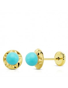 9K PENDIENTES ORO AMARILLO TUERCA TURQUESA ORLA 6 MM