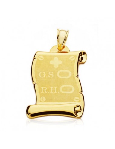 9K COLGANTE PERGAMINO ORO AMARILLO GRUPO SANGUINEO + RH 28X20 MM