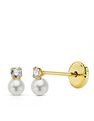 9K PENDIENTES ORO AMARILLO PERLAS Y CIRCONITA 6 X 3 5 MM CIERRE TUERCA