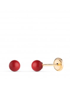 9K PENDIENTES ORO AMARILLO CORAL SINTETICO REDONDO 4 MM. CIERRE TUERCA