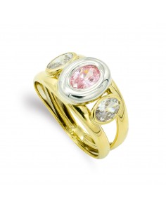 9K SORTIJA ORO BICOLOR PIEDRA DOBLE CUERPO CON CIRCONITA ROSA OVAL EN BOCEL. ANCHO: 10 MM