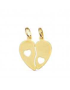 9K COLGANTE ORO AMARILLO CORAZONES PARTIDOS DOS ANILLAS. MEDIDA: 16 X 14 MM