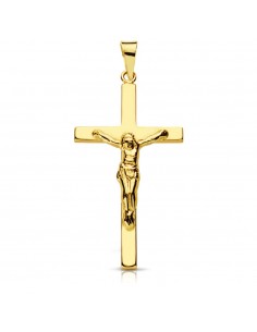 9K CRUZ ORO AMARILLO CON CRISTO PALO PLANO. 29X17 MM