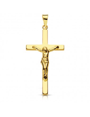 9K CRUZ ORO AMARILLO CON CRISTO PALO PLANO. 29X17 MM