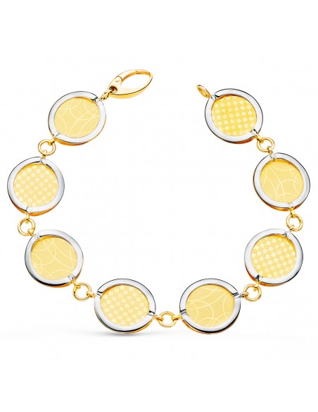 18K PULSERA ORO BICOLOR ESLABONES REDONDOS DISEÑOS MATIZADOS. 20,5 CM.