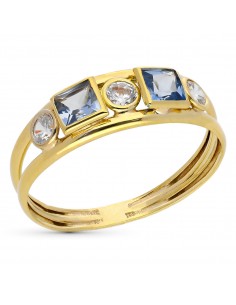 9K SORTIJA ORO AMARILLO DOBLE CUERPO CON CIRCONITAS BLANCAS Y COLOR AGUAMARINA. ANCHO: 4 MM