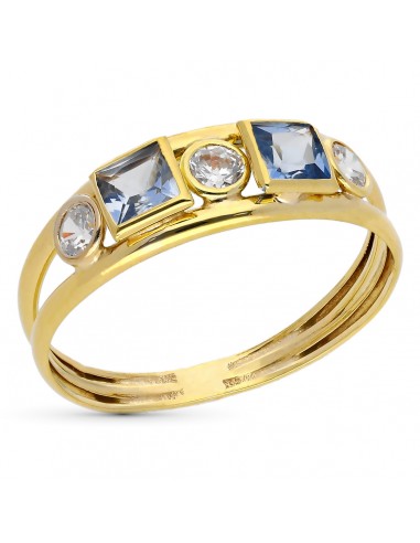 9K SORTIJA ORO AMARILLO DOBLE CUERPO CON CIRCONITAS BLANCAS Y COLOR AGUAMARINA. ANCHO: 4 MM