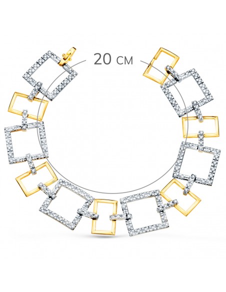 18K PULSERA ORO BICOLOR ESLABONES CUADRADOS Y MOTIVOS CON CIRCONITAS. 20 CM.