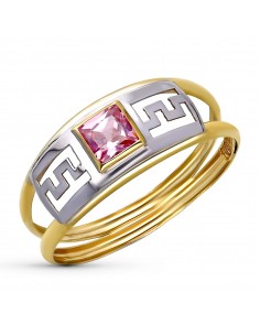 9K SORTIJA ORO BICOLOR DOBLE CUERPO GRECA CALADA CON CIRCONITA ROSA. ANCHO: 7 MM