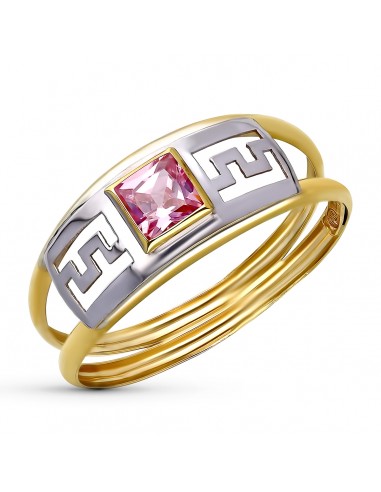 9K SORTIJA ORO BICOLOR DOBLE CUERPO GRECA CALADA CON CIRCONITA ROSA. ANCHO: 7 MM