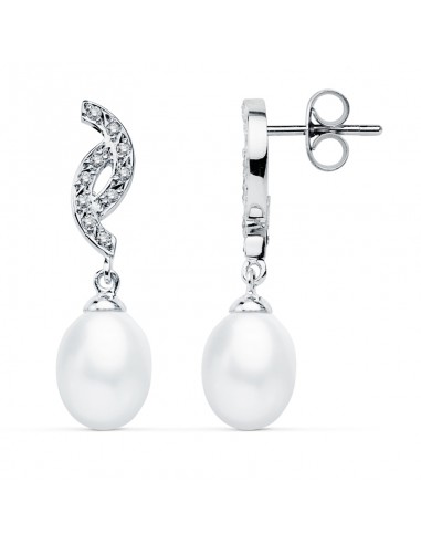 9K PENDIENTES ORO BLANCO PERLA 30X9 MM CIERRE PRESION