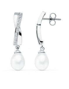 9K PENDIENTES ORO BLANCO PERLA 32X7 MM CIERRE PRESION
