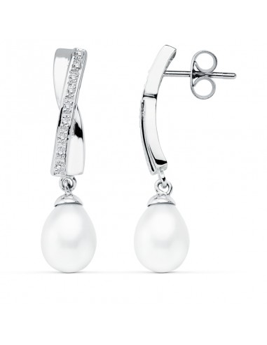 9K PENDIENTES ORO BLANCO PERLA 32X7 MM CIERRE PRESION