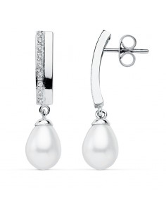 9K PENDIENTES ORO BLANCO PERLA 30X7 MM CIERRE PRESION