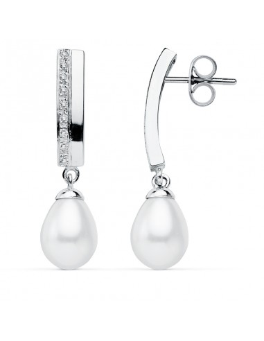 9K PENDIENTES ORO BLANCO PERLA 30X7 MM CIERRE PRESION
