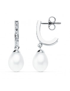 9K PENDIENTES ORO BLANCO PERLA 25X7 MM CIERRE PRESION