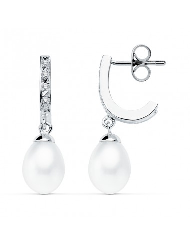 9K PENDIENTES ORO BLANCO PERLA 25X7 MM CIERRE PRESION
