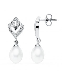 9K PENDIENTES ORO BLANCO PERLA 28X10 MM CIERRE PRESION