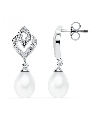 9K PENDIENTES ORO BLANCO PERLA 28X10 MM CIERRE PRESION