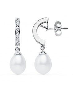 9K PENDIENTES ORO BLANCO PERLA 28X8 MM CIERRE PRESION