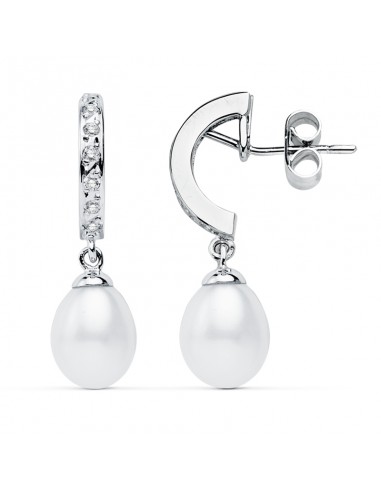 9K PENDIENTES ORO BLANCO PERLA 28X8 MM CIERRE PRESION
