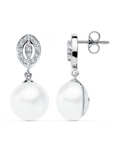 9K PENDIENTES ORO BLANCO PERLA 27X11 MM CIERRE PRESION