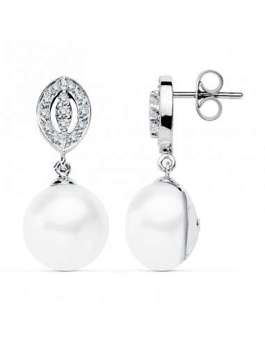 9K PENDIENTES ORO BLANCO PERLA 27X11 MM CIERRE PRESION