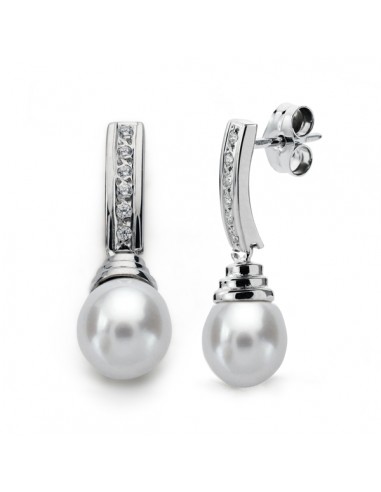 9K PENDIENTES ORO BLANCO PERLA 24X7 MM CIERRE PRESION