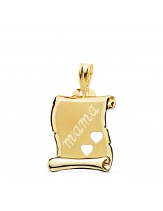 9K PLACA CHAPA COLGANTE PERGAMINO ORO AMARILLO BRILLO Y MATE MAMA CON CORAZONES CALADOS 18X14 MM