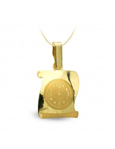 9K COLGANTE PERGAMINO ORO AMARILLO RELOJ GRABADO. 16X13 MM