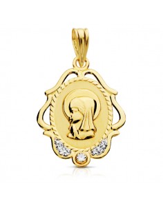 9K MEDALLA ORO AMARILLO VIRGEN NIÑA CERCO CALADO CIRCONITA 22X16 MM