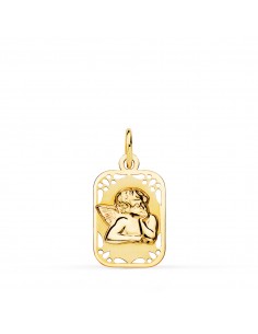 9K MEDALLA ORO AMARILLO RECTANGULAR ANGELITO BURLON BRILLO Y MATE 19X11 MM