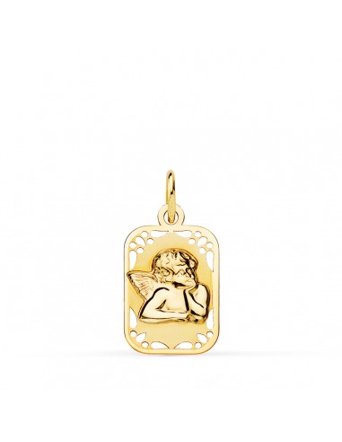 9K MEDALLA ORO AMARILLO RECTANGULAR ANGELITO BURLON BRILLO Y MATE 19X11 MM