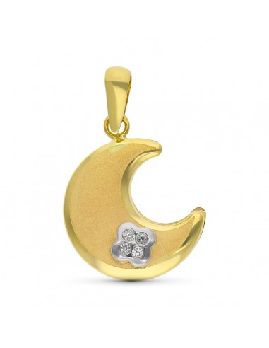 9K COLGANTE ORO BICOLOR LUNA CON TREBOL MINI DE CIRCONITAS